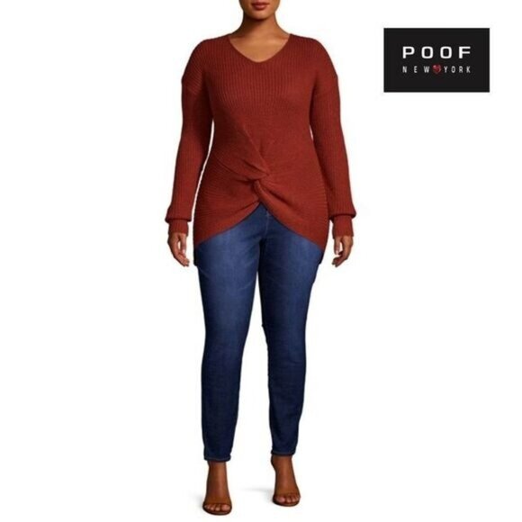 POOF Women's V-Neck Criss Cross‎ Twisted Pullover Knitted Knot Front sweater - Picture 1 of 8